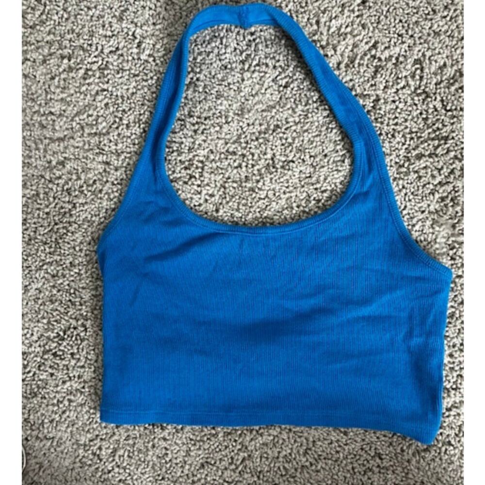 PAC cares PacSun knit Cropped Halter top XS Royal blue Twisted Back 95% Cotton